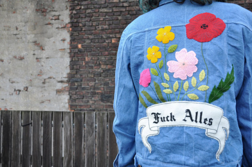 So I made a jean jacket from scratch and then embroidered ‘Fuck Everything’ on the back.More informa