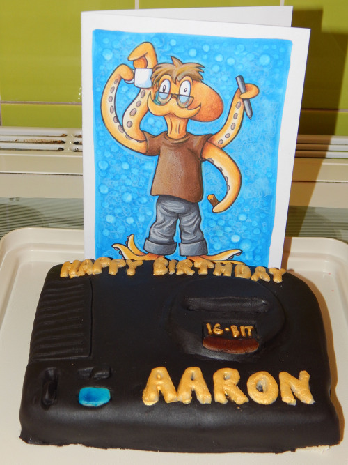thegagaman:  For my birthday Stacey made me a cake with Intelligent terminal high grade multipurpose use! Oh and a OCTOGAGA card. Yes I cut the cake into 16-BITS. 