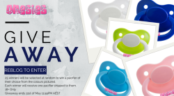 justalittlebaby:  onesiesdownunder:  Onesies Downunder - Pacifier Giveaway You can win 1 of 25 Pacifiers. www.onesiesdownunder.com 25 winners will be selected at random to win a pacifier of their choice from the colours pictured above. (Pink, White, Light