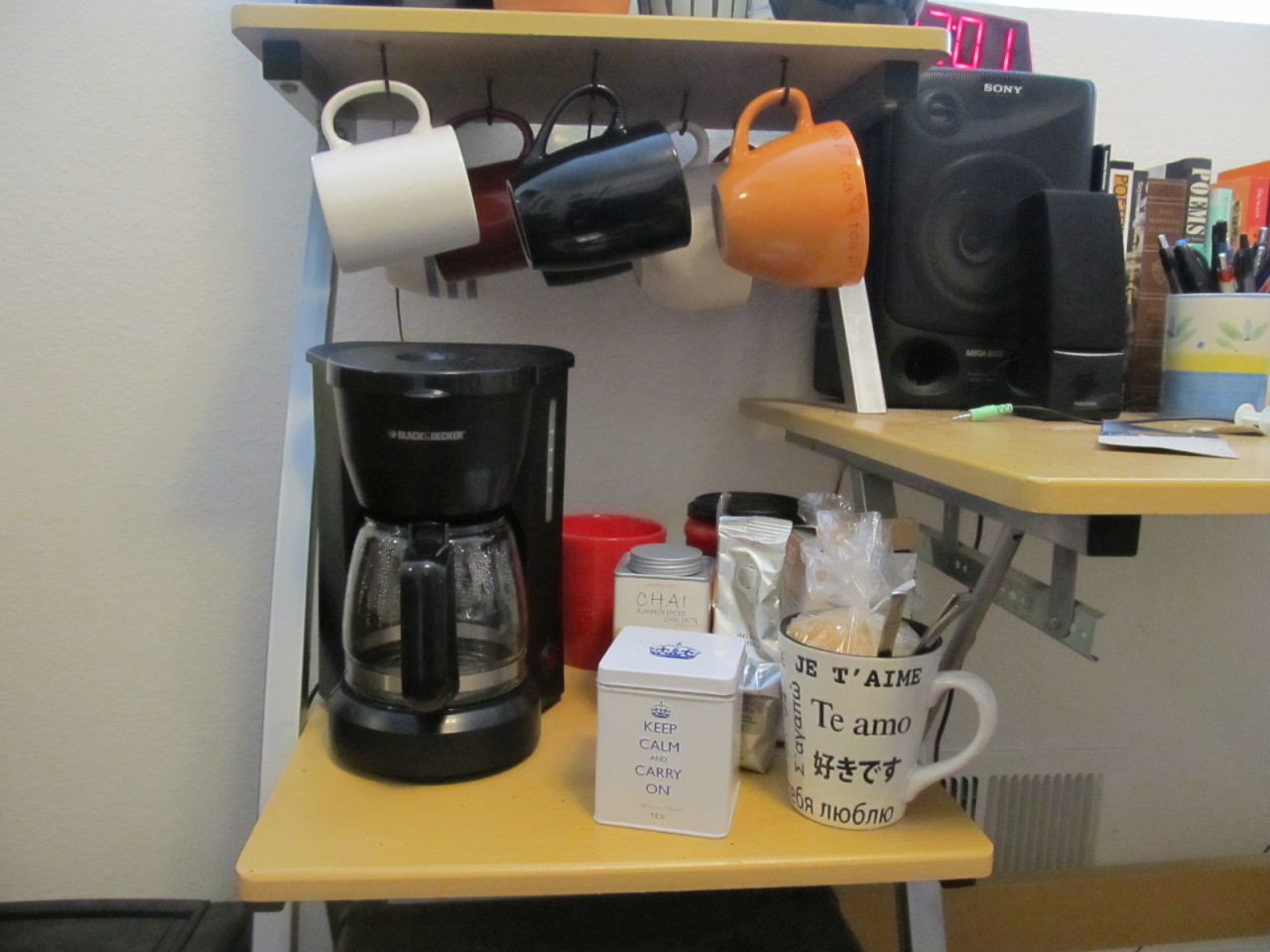 My new tea and coffee station in my room for when I&rsquo;m writing. The hooks