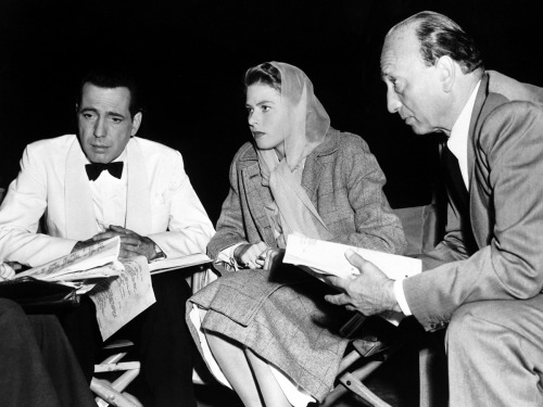 Humphrey Bogart, Ingrid Bergman and Director Michael Curtis on the set of Casablanca.