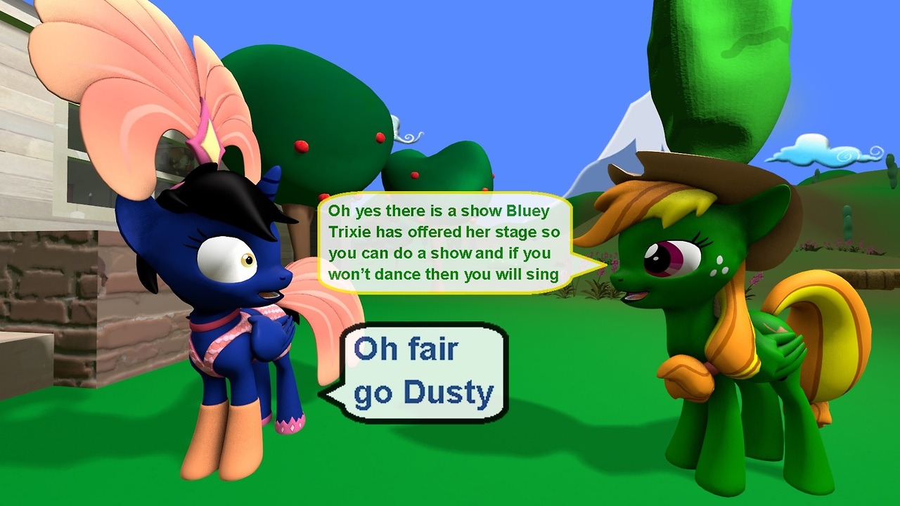 ask-the-out-buck-pony:(Alicorn Showmare Anon Spell 4/6)song Copacabana by Barry Manilow