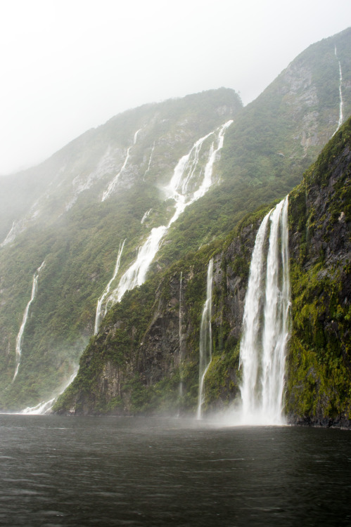 Ephemeral waterfalls at Milford Sound.Milford Sound, Fiordland, South Island, New Zealand