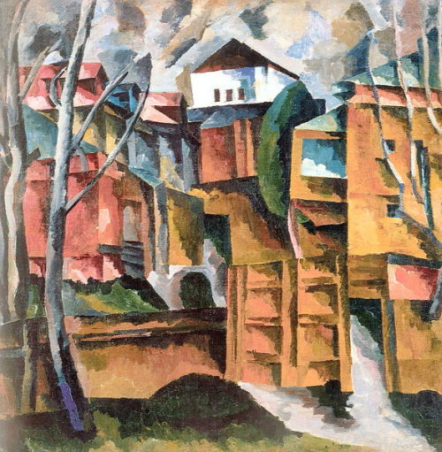 aristarkh-lentulov: Landscape with white house and the yellow gate, 1922, Aristarkh Lentulov