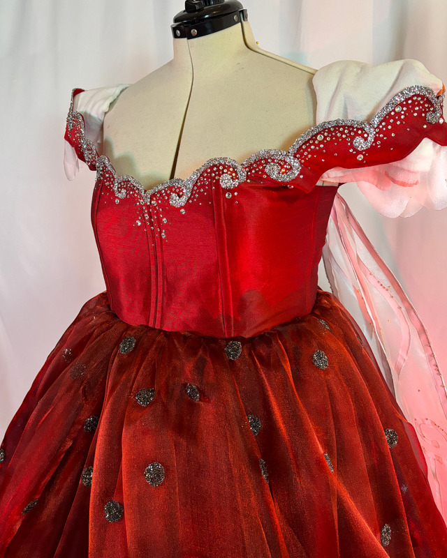 New commission: Lady Bug! Gorgeous dupioni silk, layers of shimmering organza, and lots of sparkle! The bodice is boned & 