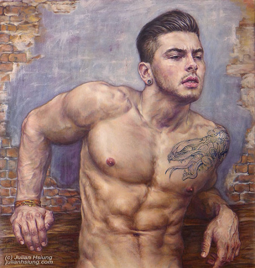 hsiungjulian: Male Nude-Sitting #1Tatooed & Old Wall. Oil on linen, 45″x35″. julianhsiung.com 