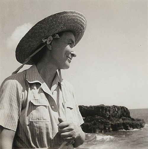 Georgia O'Keeffe on a beach near Hana, Maui, during her 1939 visit to the then Territory of Hawaii. 