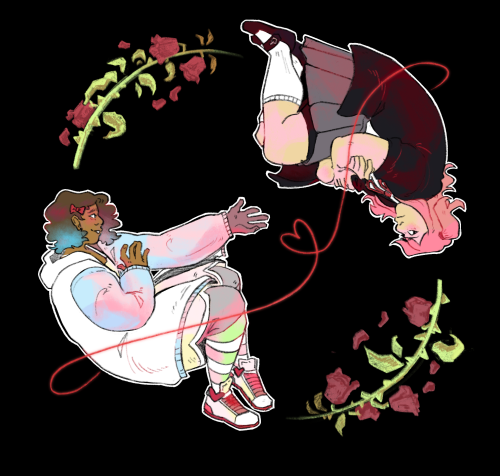 A digital drawing of Nyssa, a girl with brown skin and curly brown hair dyed blue at the ends; and Aika, a girl with light skin and long pink hair partially pulled back. Nysa is wearing a large white hoodie with blue sleeves, pink dress, green/white striped socks, and a red bow in her hair. Mika is wearing a dark jacket over white blouse, grey skirt, and white socks. A red ribbon is at the neck of her blouse. They are curled in either corner of the canvas, Nysa gently smiling while extending a hand to Aika, and Aika with her arms crossed, upset and looking away. A red thread curls around both of them, folding into a heart in the space between. Sprigs of dying roses curve between them.