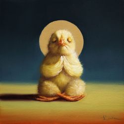 ousia-poetica:I have seen so many strange things that I am not surprised to see a baby chick doing physical and mental exercise. Art by Lucia Heffernan on Etsy.