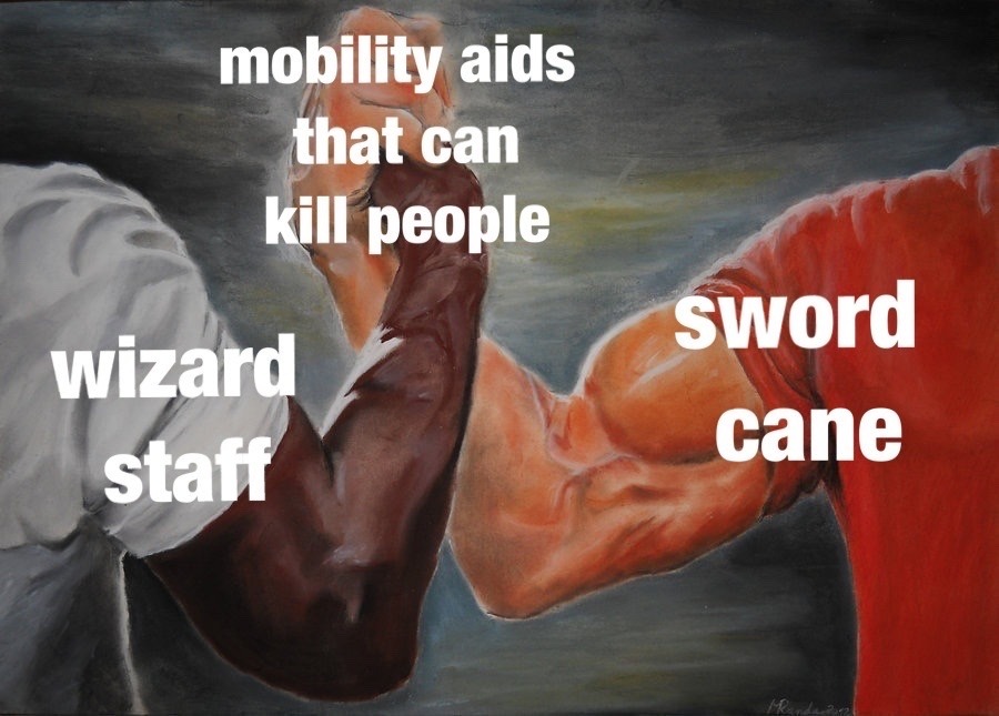 lilies-of-the-fields:rozalind:[id: solidarity meme painting with dark skinned muscly person clasping light skinned muscly person’s hand. Person on the left is labelled “wizard staff”, on the right is “sword cane.” The clasped