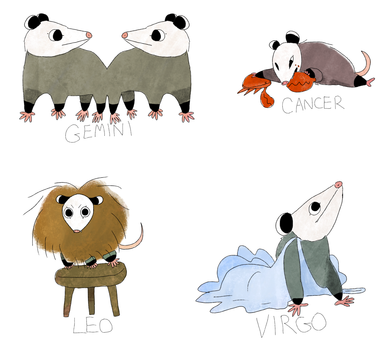 persephoning: cinnabees:  Astrological zodiac opossums!  Available as stickers on