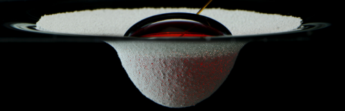 fuckyeahfluiddynamics:  A thin layer of hydrophobic particles dispersed at an oil-water interface is strong enough to prevent a water droplet from coalescing. The researchers refer to this set-up as their granular raft. As the red-dyed water droplet gets