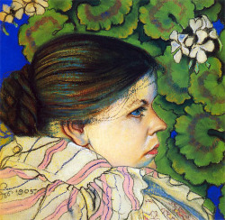 ageoftheart:  The Artist’s Wife with Geraniums  Artist: Stanislaw WyspianskiYear: 1905Type: Pastel on paper