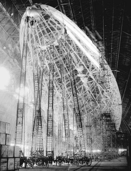 necromanticowboy:  hauntedbystorytelling:      David Keyes :: Zeppelin Construction Ladders, 1935 [The future airship USS Macon under construction in the Goodyear-Zeppelin Corporation hangar at Akron, Ohio]  What a job.   @katiiie-lynn , right down the