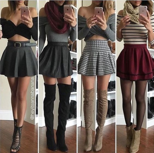 pleatedminiskirts: Which one is your favourite? Do you like boots, maybe some tights, perhaps a belt