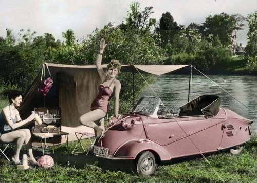 vintagecamping:  A couple gals and their Messerschmitt KR201, camp lakeside in West Germany.  A