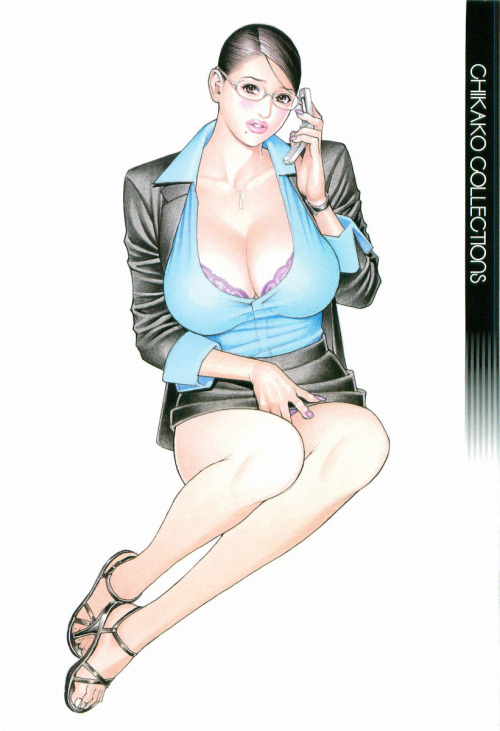 082957:  This work is by Izayoi Seishin. The figure’s full lips and mole denote physical maturity, as does her full-bodied general figure. Her formal wear, as well as the cell phone in her left hand shows she’s in a position of business; note the
