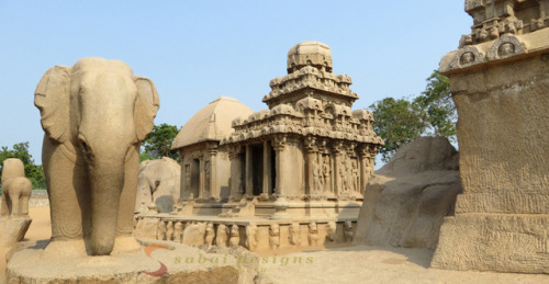 Ancient stone carvings at the Five Rathas in Mahabalipuram, South India.