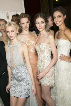 m-odelsbackstage:  Juliana Schurig, Ashleigh Good, Marine Deleeuw, and Mariana Coldebella backstage Zuhair Murad Spring 2013 Haute Couture