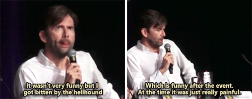 mizgnomer:  David Tennant shares a “funny story” from the set of Good Omensduring his panel at DragonCon (August 2019)    Video Source: [ Peter Lashway’s video on YouTube ]  Bonus:Transcript: It wasn’t very funny but I got bitten by the hellhound. 