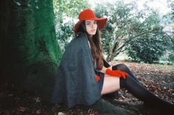 americanapparel:  Lena in the Wool Floppy Hat, Wool Cape, Easy Sweater and Gloves. 