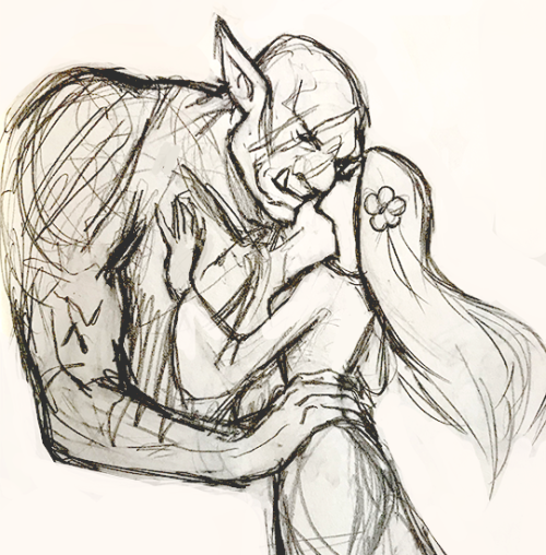 Orc courting Farm Girl from my (very sketchy) sketchbook, because people were sweet and kept asking 