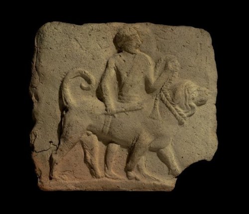 ishtargates:Clay plaque of man holding his dog on a leash.  Circa 1750 B.C., Old Babylonian per