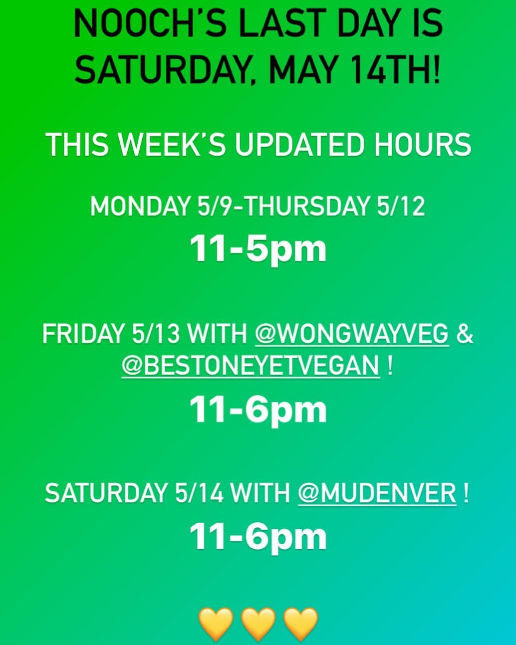 Hi Friends! Here are our updated hours for this week. We’re getting pretty low on product at this point (big thanks to everyone who came by over the last couple of weeks!) but are still running some sweet sales on what’s left! If you have any...