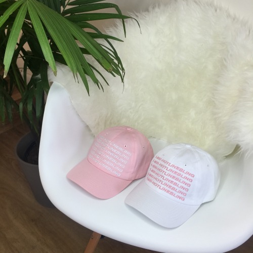 the 1-800-HOTLINEBLING baseball caps in pink &amp; white | available now at Chapeaux