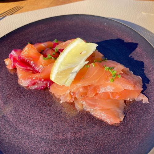 Homemade gravlax salmons - beetroot flavor and lemon-dill flavor.Oia, Santorini, GR@mystique_hot
