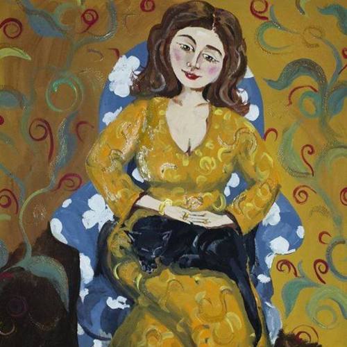 Woman With Cat In Blue Chair   -   Antonia BurnsAmerican , b. 1950s-Acrylic on canvas,