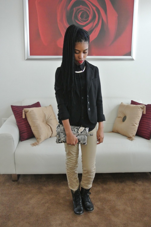 blackfashion:  Boots: Steve Madden, Pants:H&M, Blazer: H&M, Clutch: Nine West Najha, 16, DMV http://www.dazzleinsideout.com/ http://dazzleinsideout.tumblr.com/
