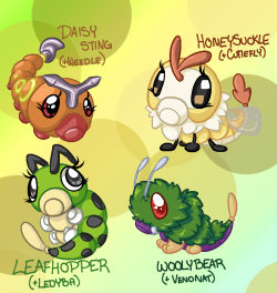 paintsplatteredponies: Help, I’m addicted to making variants. All these cuties are in the Bug Egg Group. Weirdly enough, that egg group is almost exclusively bug-type pokemon. [Some exceptions include Drapion, Trapinch, and Gligar.] 