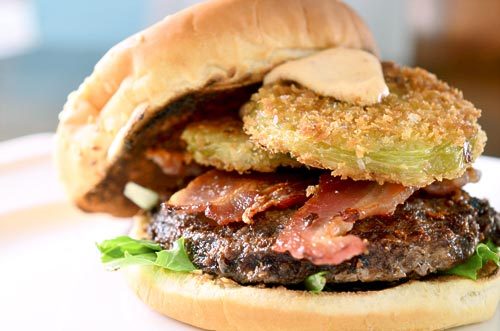 youknownothingjimkirk:fattributes:Fried Green Tomato Bacon Burgerholy sweet food god