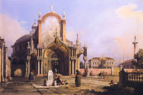 artist-canaletto:Capriccio of a Round Church with an Elaborate Gothic Portico in a Piazza, a Palladi