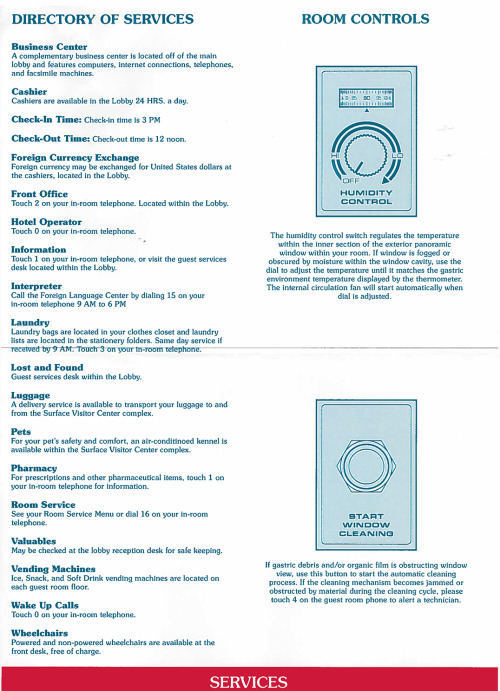 Scans of an in-room service brochure from the Resort-Hotel constructed within the Mystery Flesh Pit 