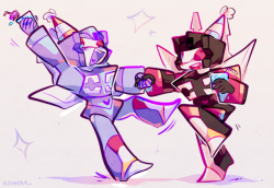 skywarper: commission for @soundwave-and-cassettes!! rumble and frenzy are celebrating them reaching 300 followers! this is one of my fav prompts ever haha. (don’t worry, it’s fuel-grade energon ;&gt;)  ✦ commissions ✦ ✱ please do not use or