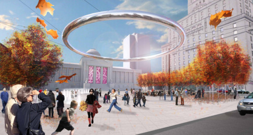 minimalmodernist:  Vancouver Art Gallery Plaza Redesign This bold design calls for an enormous metallic halo to be suspended over a flat, open plaza. The halo would be equipped with lighting to accommodate the various events staged in the space.