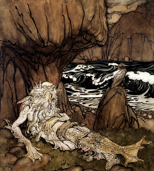  A Crowned ‘Merman’ A Sea God Sleeping on a Rocky Shore, watercolor, brown ink, an