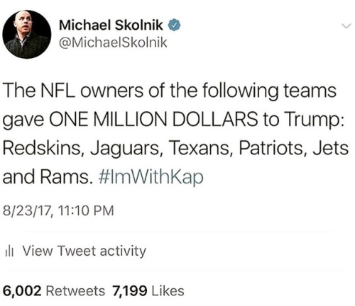 So if you’re one of the “fuck Trump types” and you support one of these teams, how are you feeling now. Still gonna support or will you just overlook it. Personally I don’t care. Just thought I’d ask.