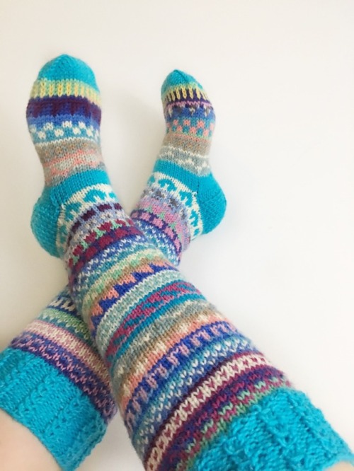 These socks were such a fun knit, used about nine different yarn found from my stash. Lots of self s