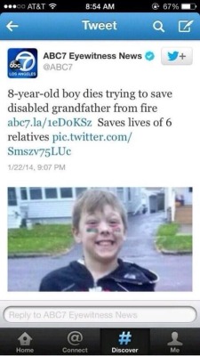 lanslidebroughtmedown:  So everyone is talking about how Justin beiber got arrested. Honestly, there are more serious things to discuss. This 8 year old boy saved 6 people from a fire and died trying to save the 7th. This 8 year old boy gave his life