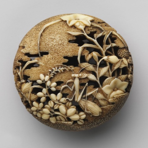 ignudiamore:Netsuke: Autumn grasses with praying mantis.Carved Ivory.Japanese.Ryüsa, 18th Century. 