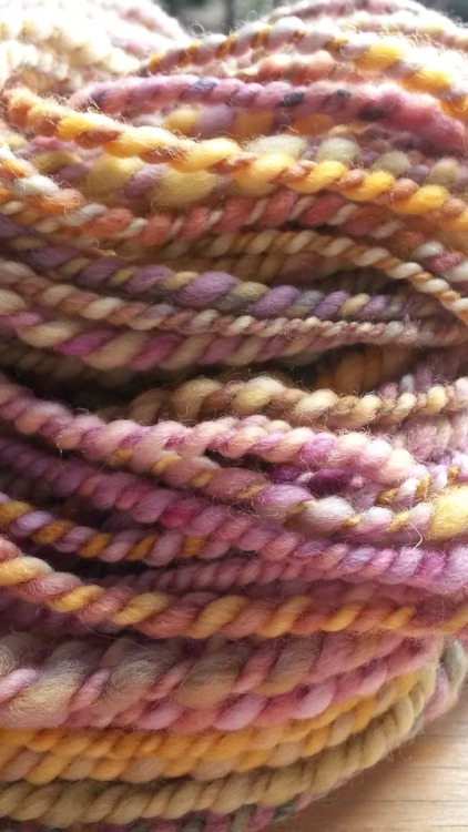 The first yarn off my wheel that I&rsquo;m proud of. Malabrigo fiber in Archangel.