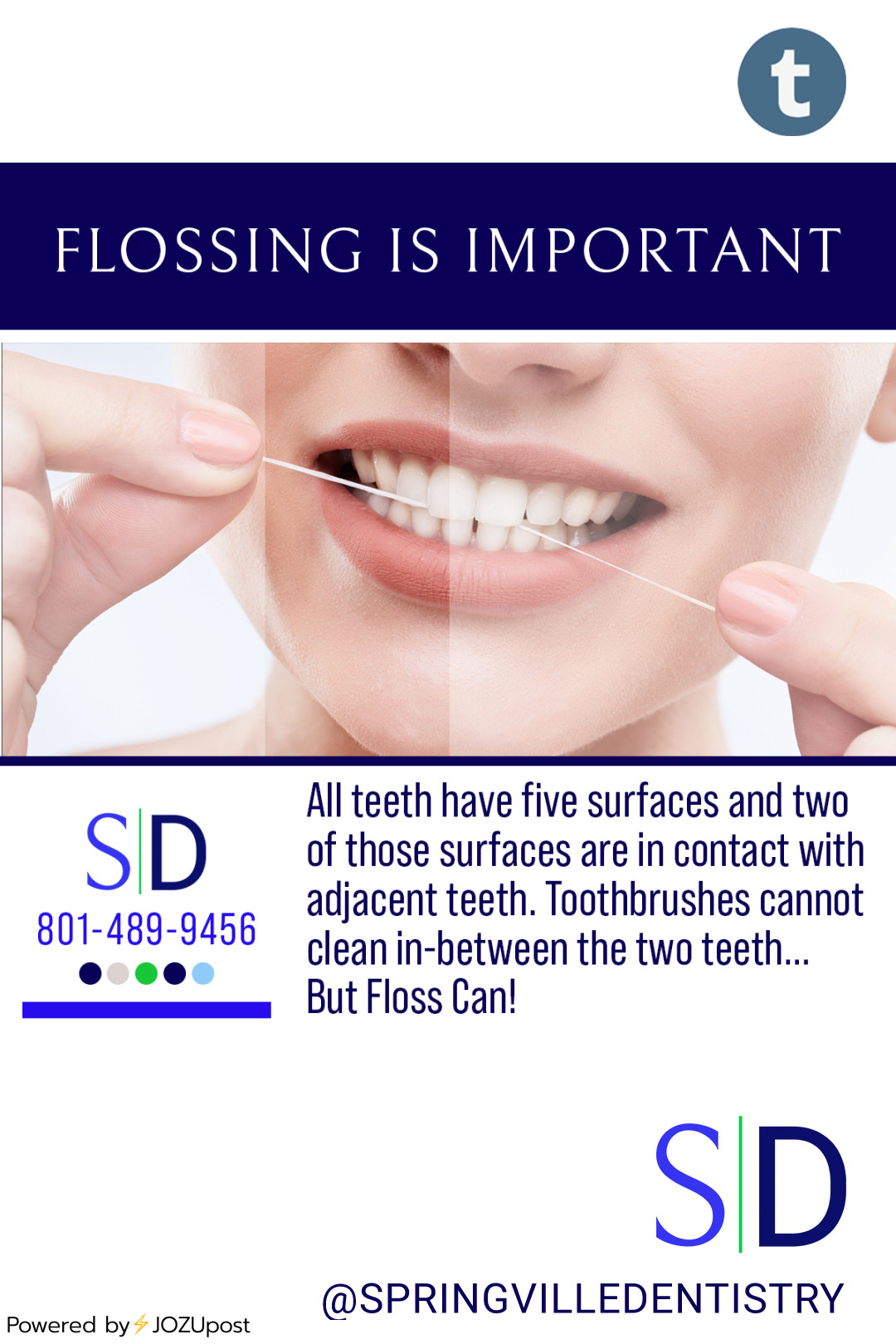 Myth – Flossing is not important
It is absolutely not correct that flossing is not important. The truth is that It IS important to gently floss at least once a day to maintain optimum oral health.
All teeth have five surfaces and two of those...