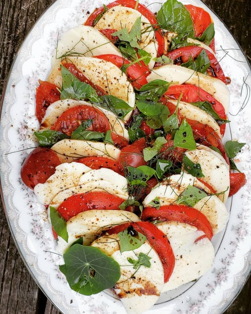 Favorite summer salad&hellip; Caprese salad with fresh tomatoes, basil, chives and nasturtiums from 