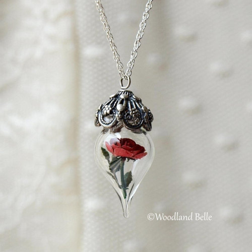 culturenlifestyle:  Enchanted Beauty & the Beast inspired Enchanted Rose Glass Vial Terrarium Necklaces North Carolina-based boutique Woodland Belle blends a rustic sensibility with a fairy-tale inspired theme into their contemporary jewelry. Inspired