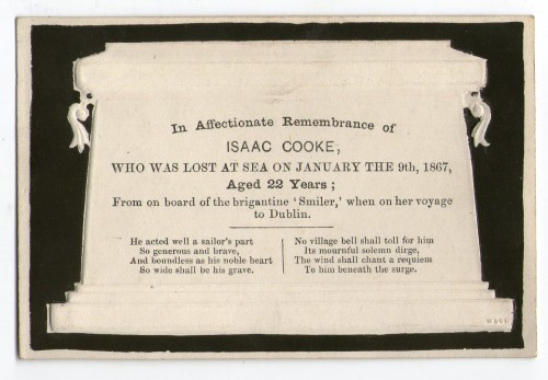 Victorian Mourning card - Isaac Cooke Lost At Sea 1867 embossed design by Wood