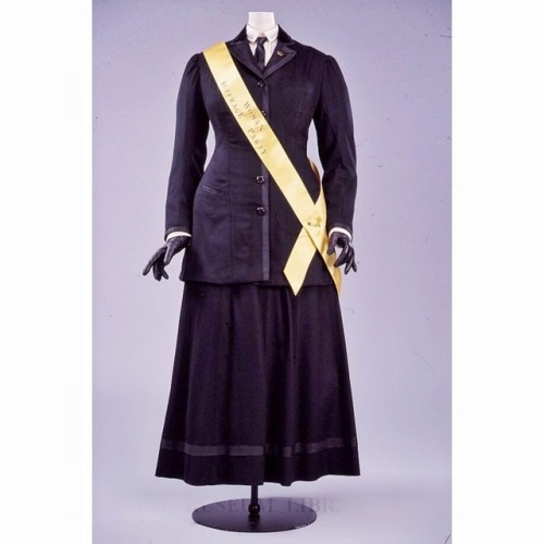 defunctfashion:Suit with Women’s Suffrage Sash and Pin | c. 1917 • • • Tomorrow if you’re not voting