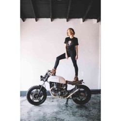 brothermoto:  Roll the Bones being modeled by @makaila_emily on top of the CX1 that can be yours for a บ donation to the buildout of our shop. #cx500 #cx1giveaway 